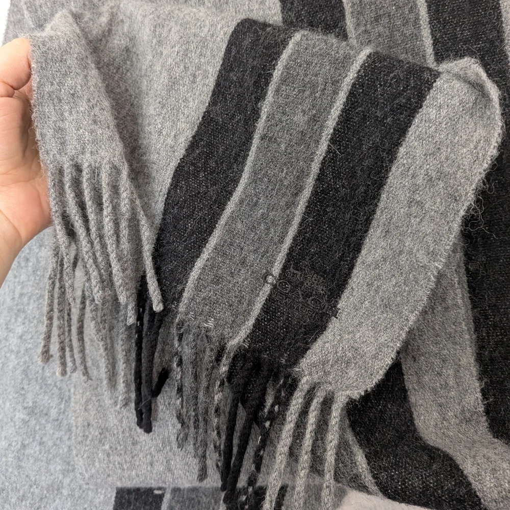 COACH 90/10 Wool & Cashmere Striped Fringe Scarf - Grey/Black